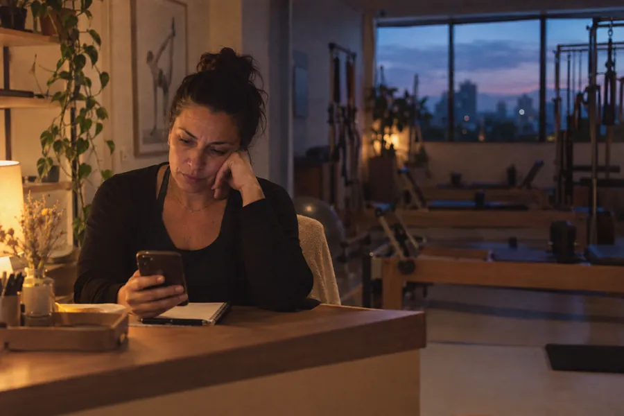 Dona de estúdio de Pilates sozinha na recepção no fim do dia, olhando o celular sem resposta